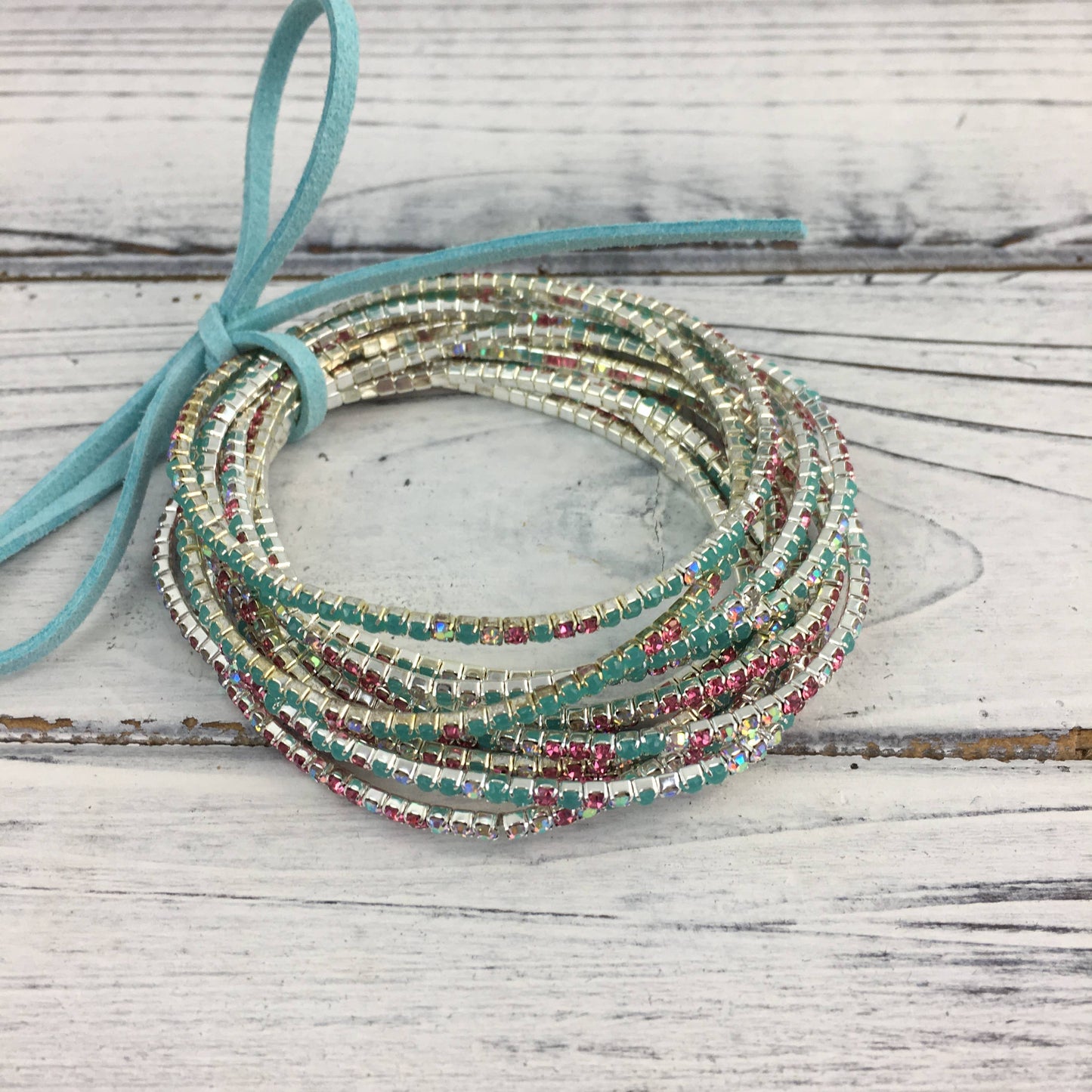 Teal/pink/silver rhinestone bracelet set