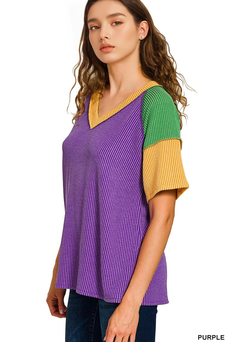 Mardi Gras Tri-color Contrast Trim Top