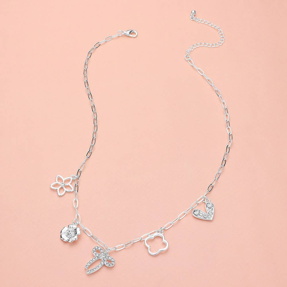 Flower Bow Quatrefoil Heart Charm Station Chain Necklace