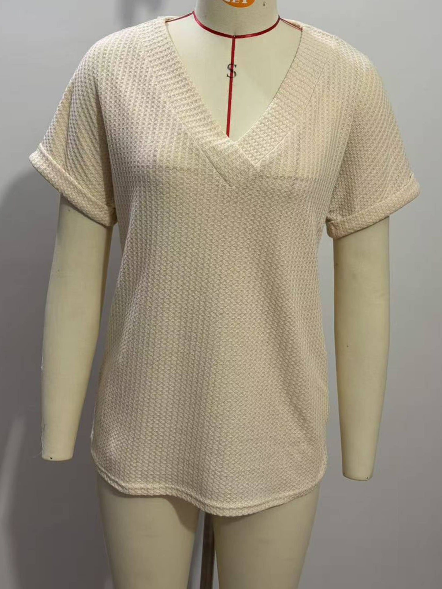 Women's Loose V-Neck Waffle Knit Short Sleeve T-Shirt