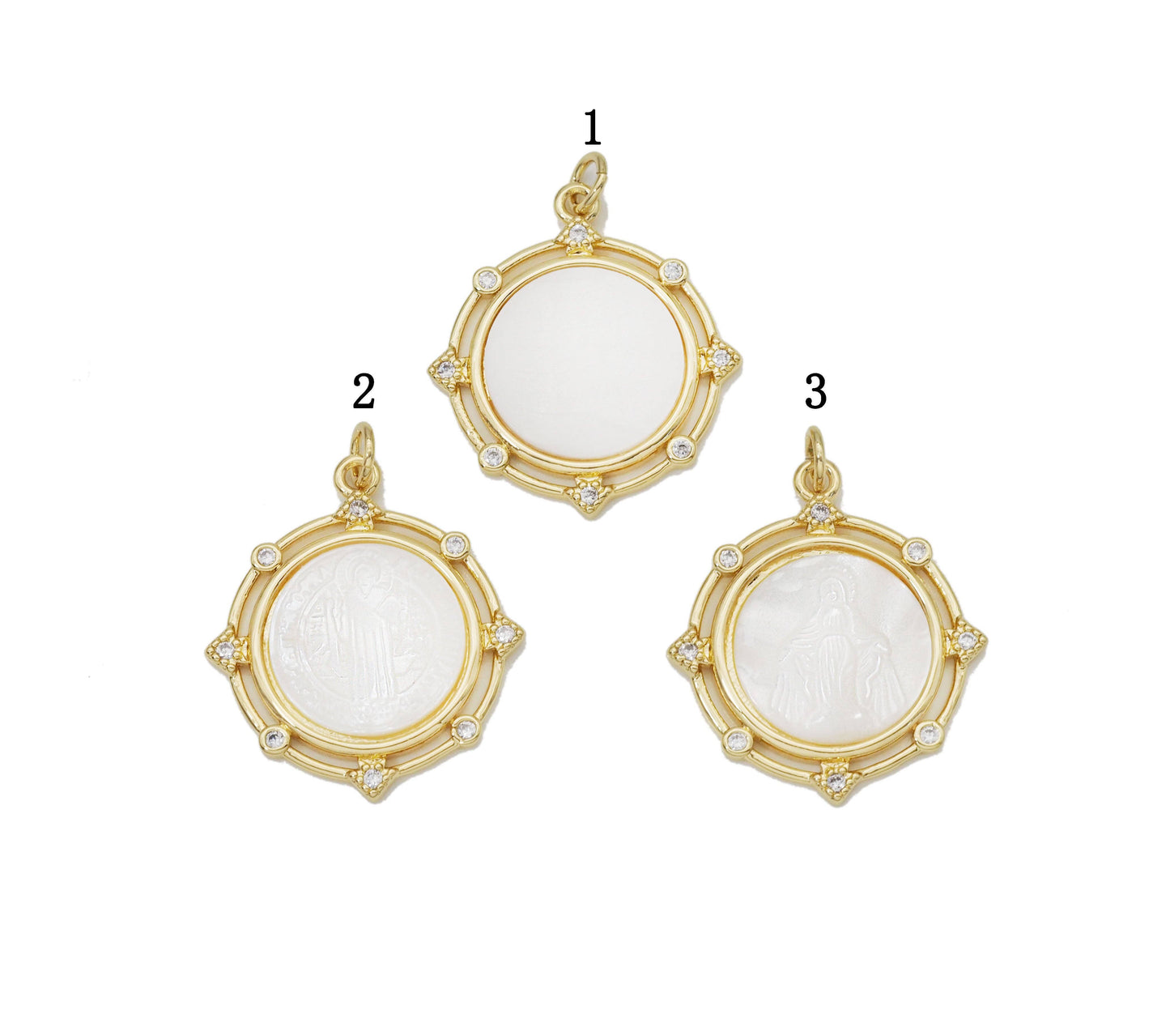 CZ Gold White Mop Pearl Mary Religious Charm