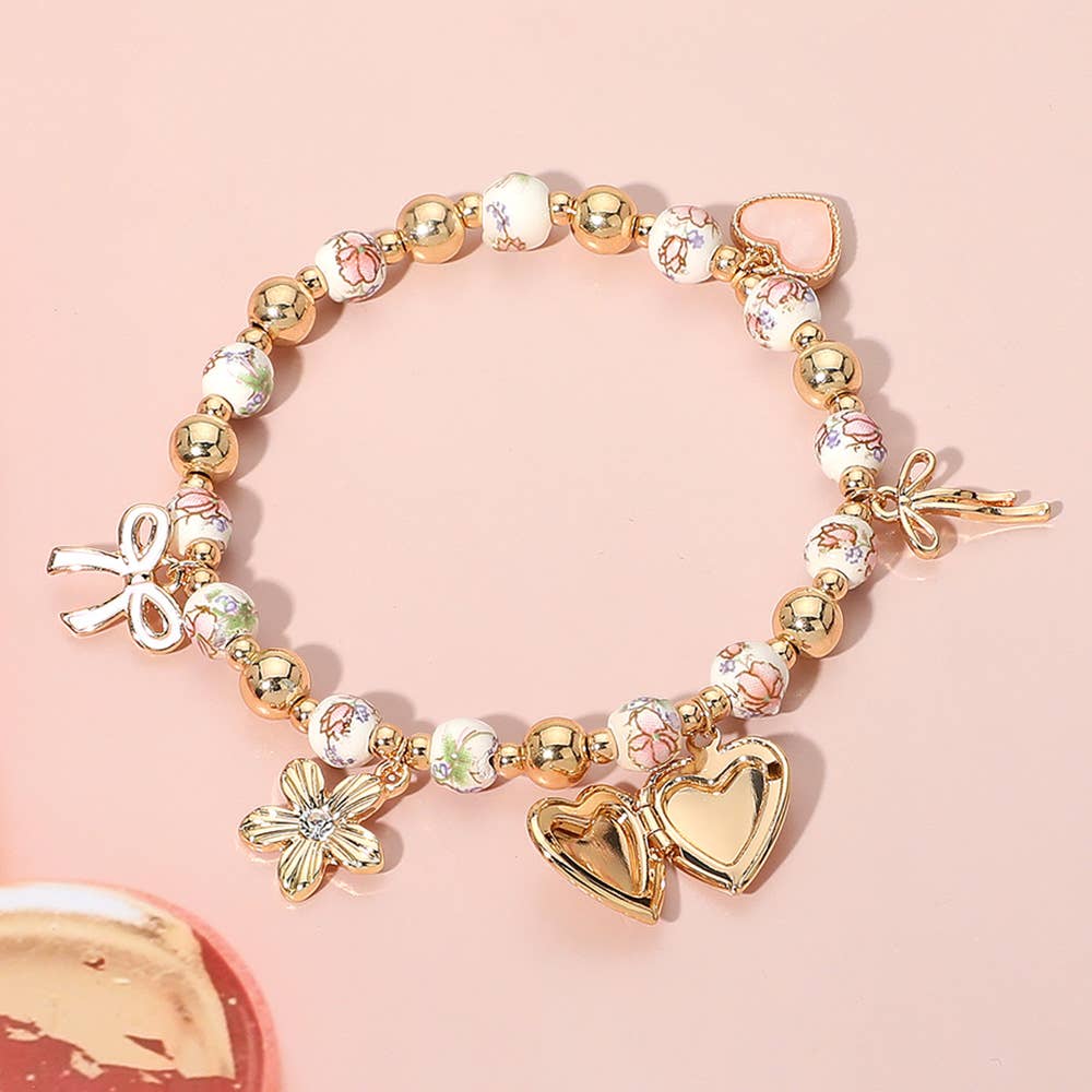 Enamel Bow Heart Flower Charm Ceramic Ball Stretch Bracelet
