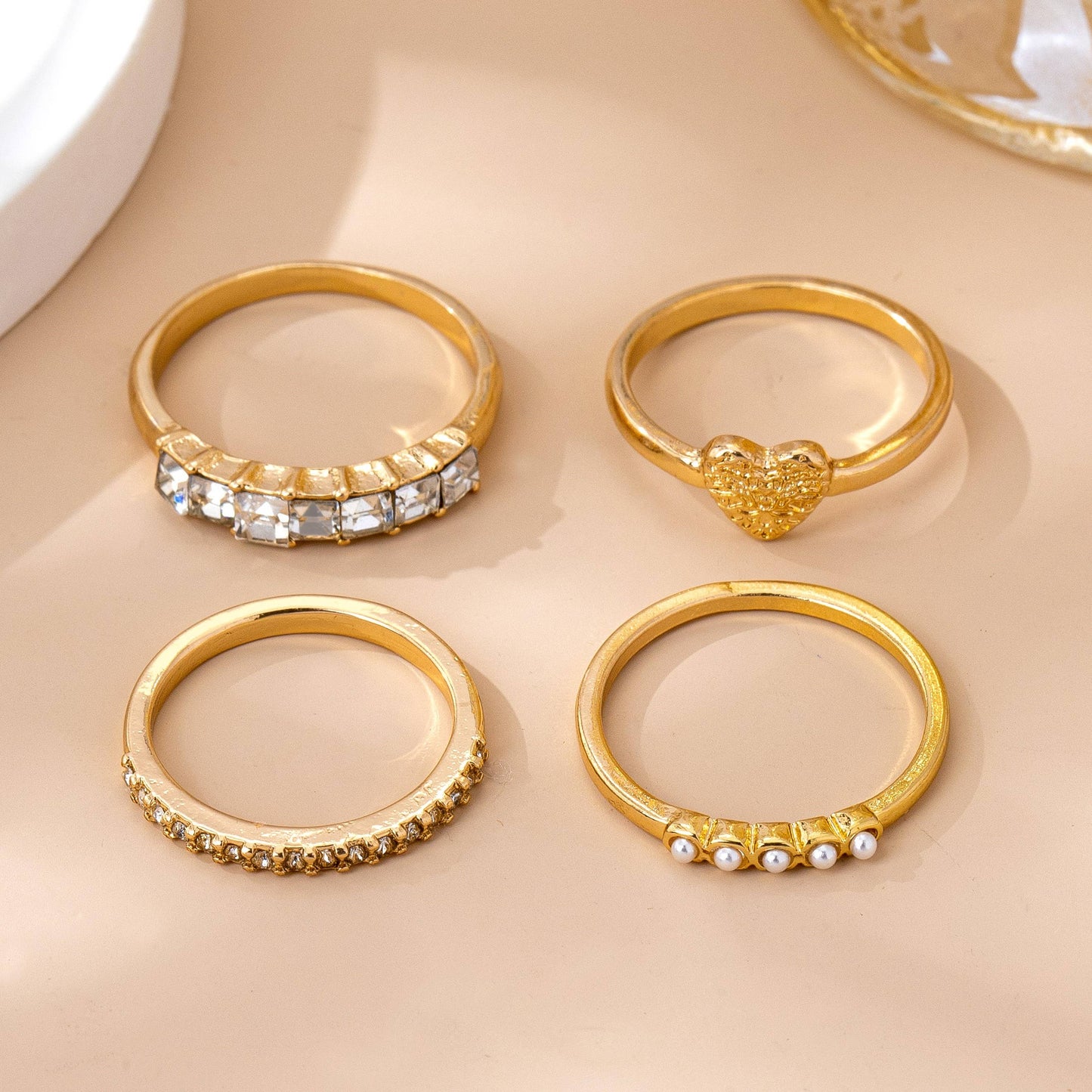 Gold-Tone Mixed Crystal & Pearl Stacking Ring