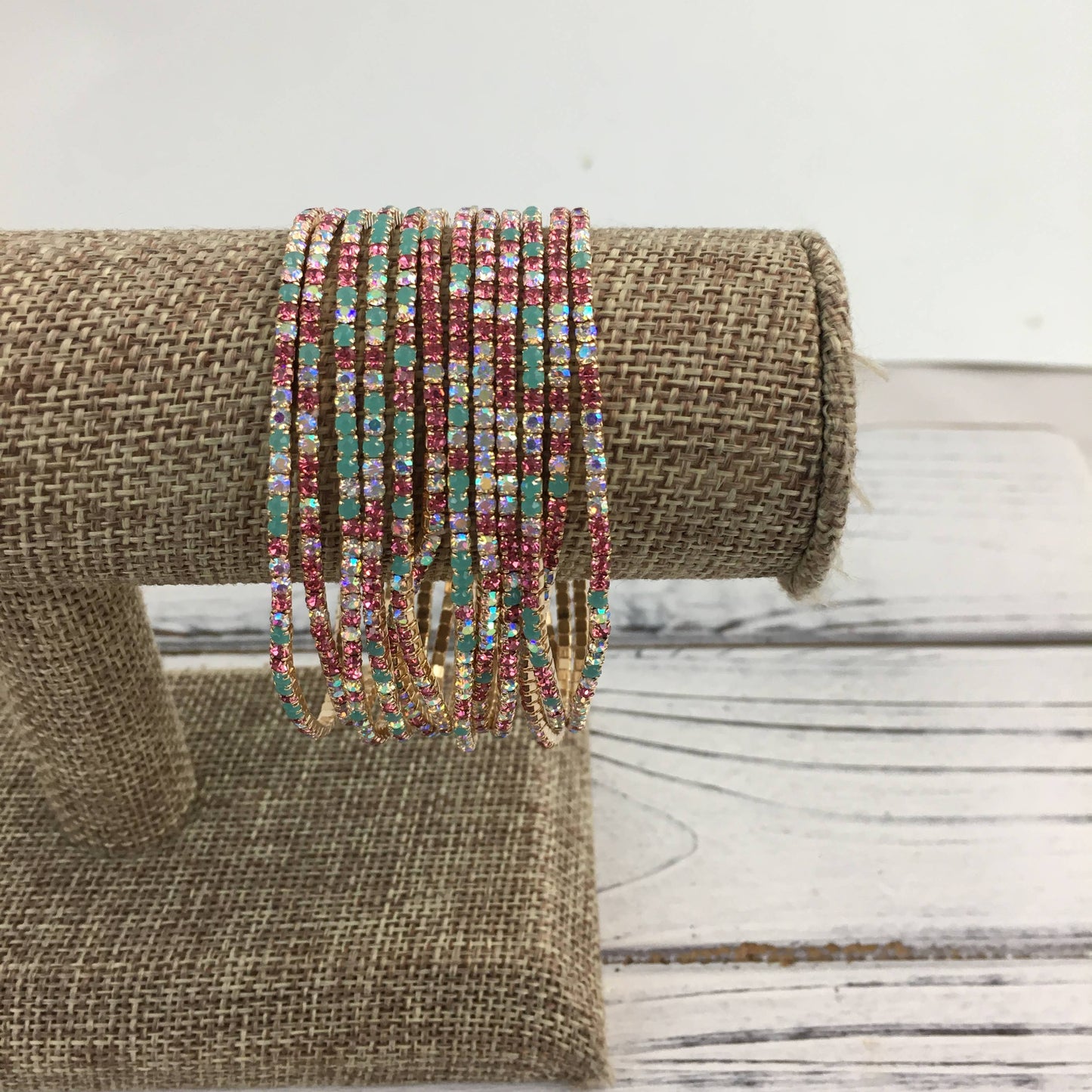 Teal/pink/gold rhinestone bracelet set