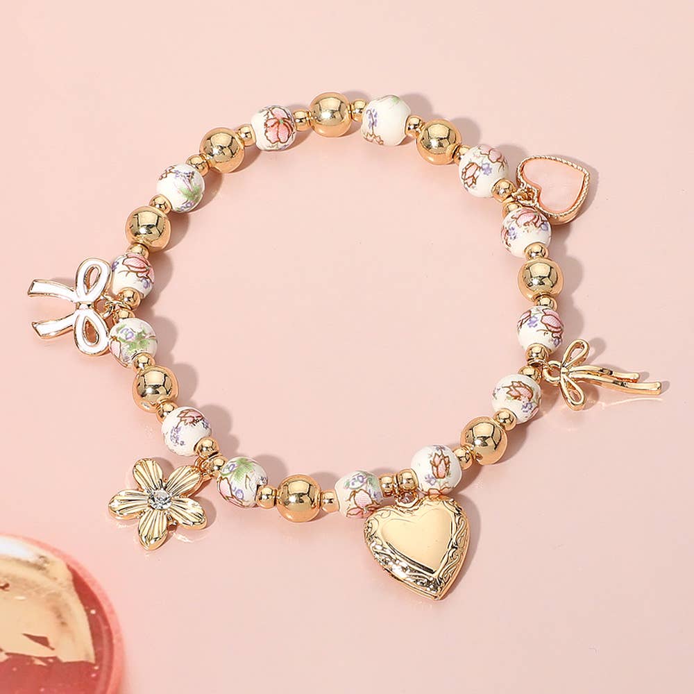 Enamel Bow Heart Flower Charm Ceramic Ball Stretch Bracelet
