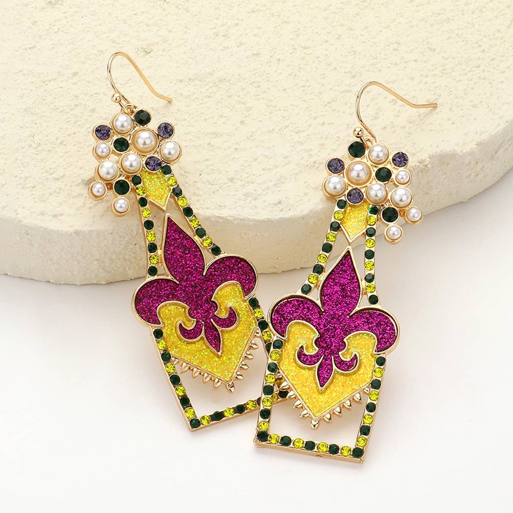 Stone and Pearl Paved Mardi Gras Fleur de Lis Bottle Earrings