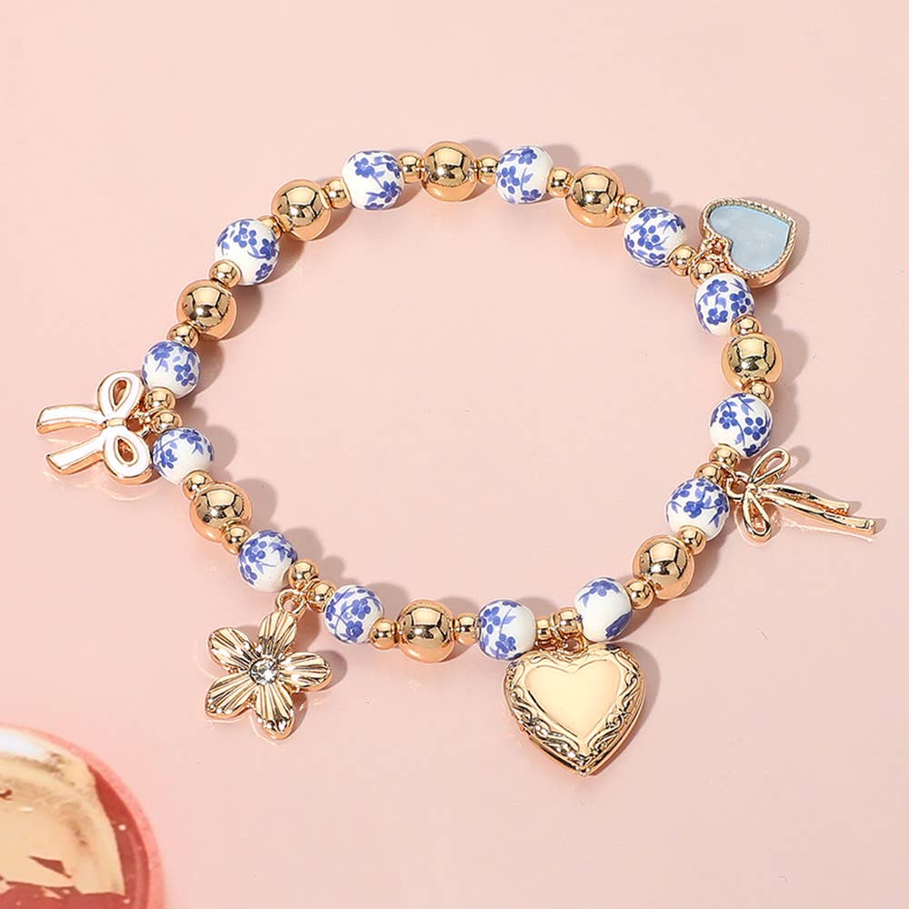 Enamel Bow Heart Flower Charm Ceramic Ball Stretch Bracelet