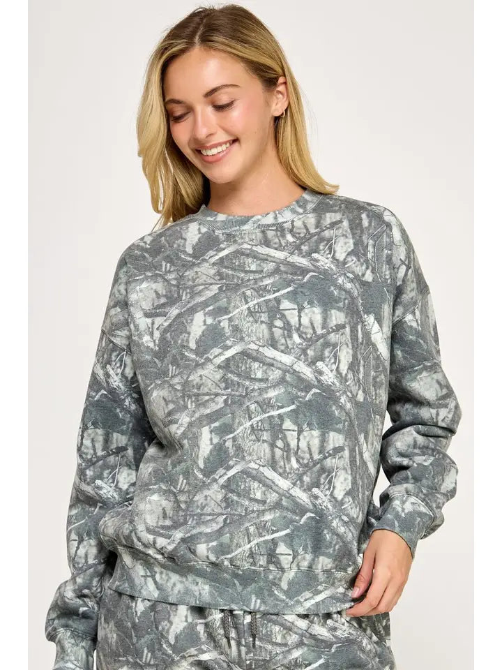 Fleece Camo Relaxed Fit Crew Neck Sweatshirt