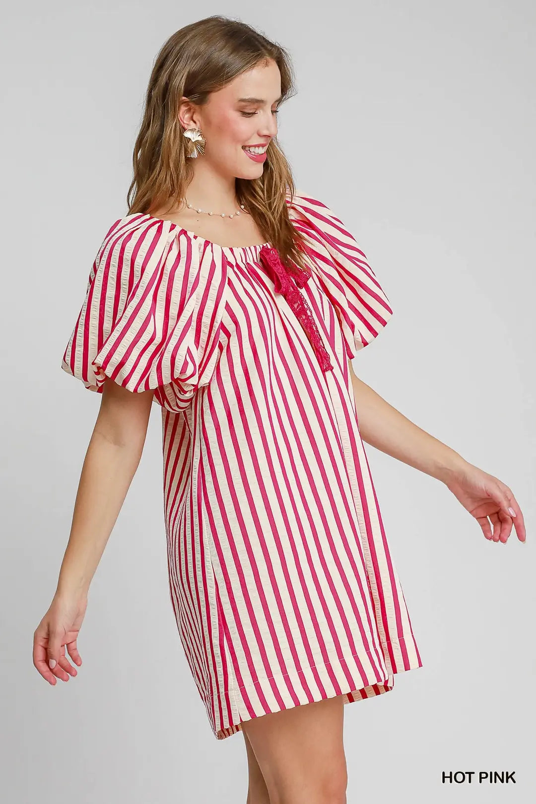 Striped Print Mini Dress with Lace Tape Drawstring