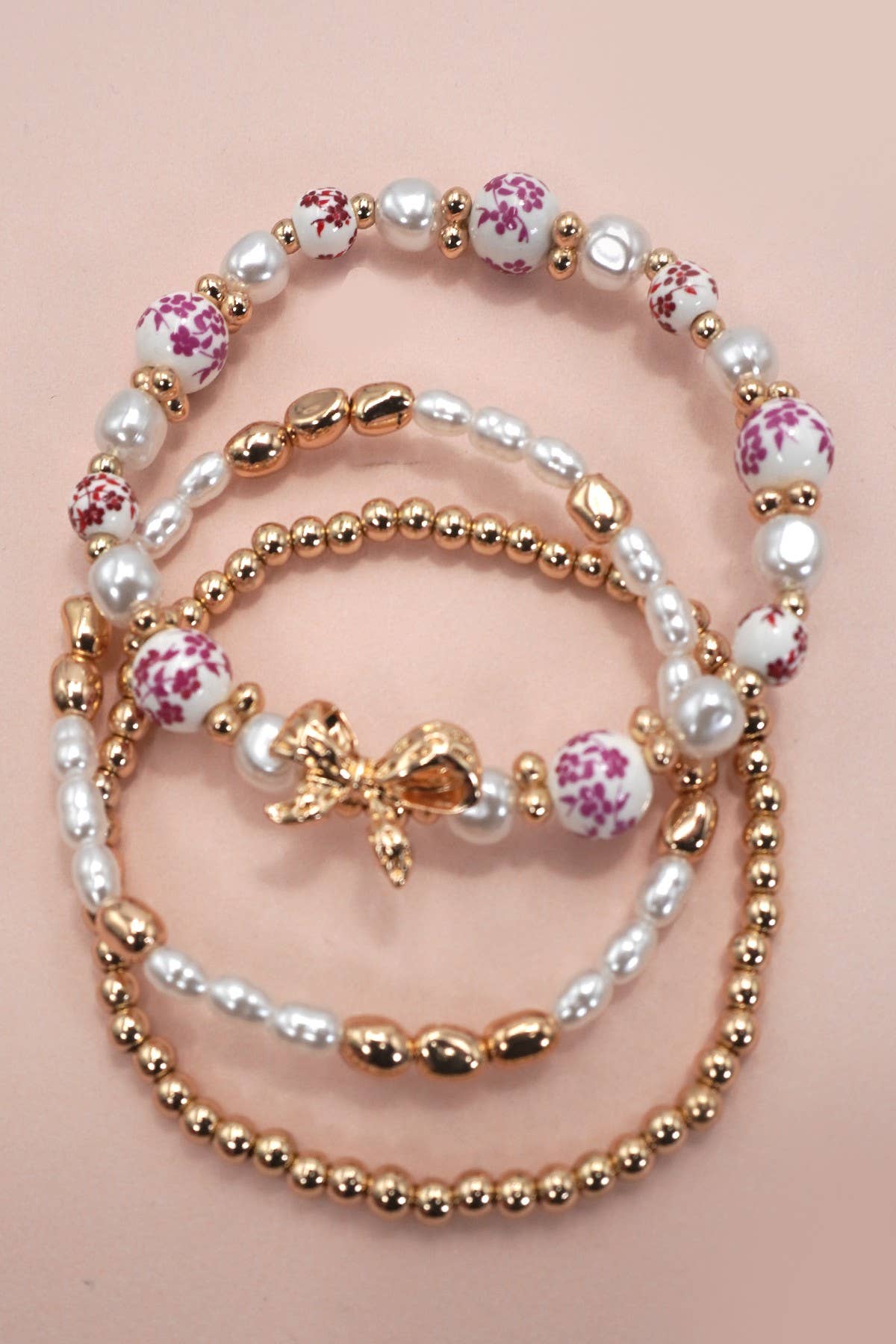 PINK CERAMIC PORCELAIN BOW MULTI LAYER BRACELET