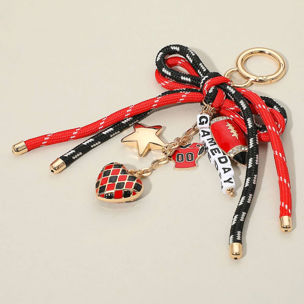 Football Themed Charm GAME DAY Message Beaded Rope Bow Accent Keychain / Bag Charm