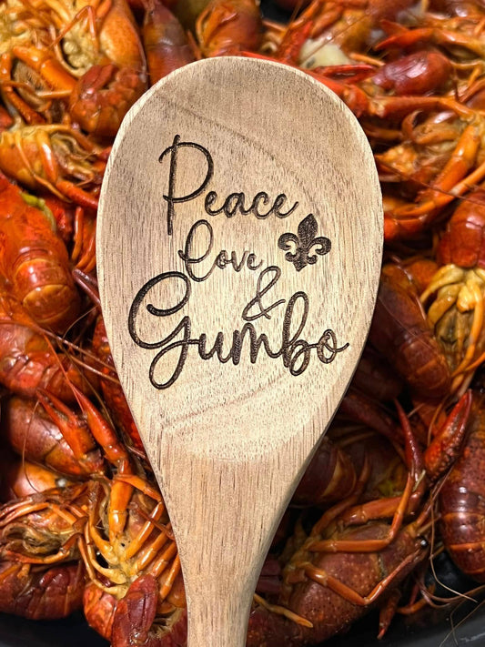 Peace Love Gumbo Fleur de Lis Wooden Spoon Engraved Cajun
