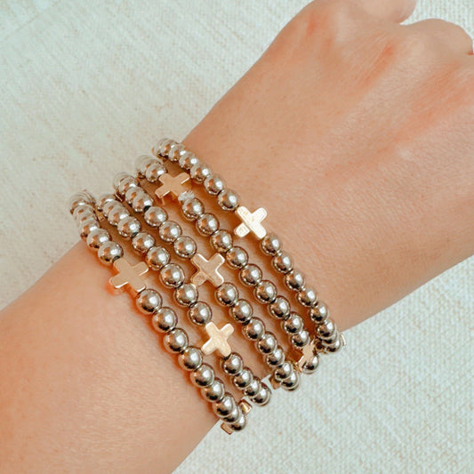 Beads And Crosses Stretch Bracelet