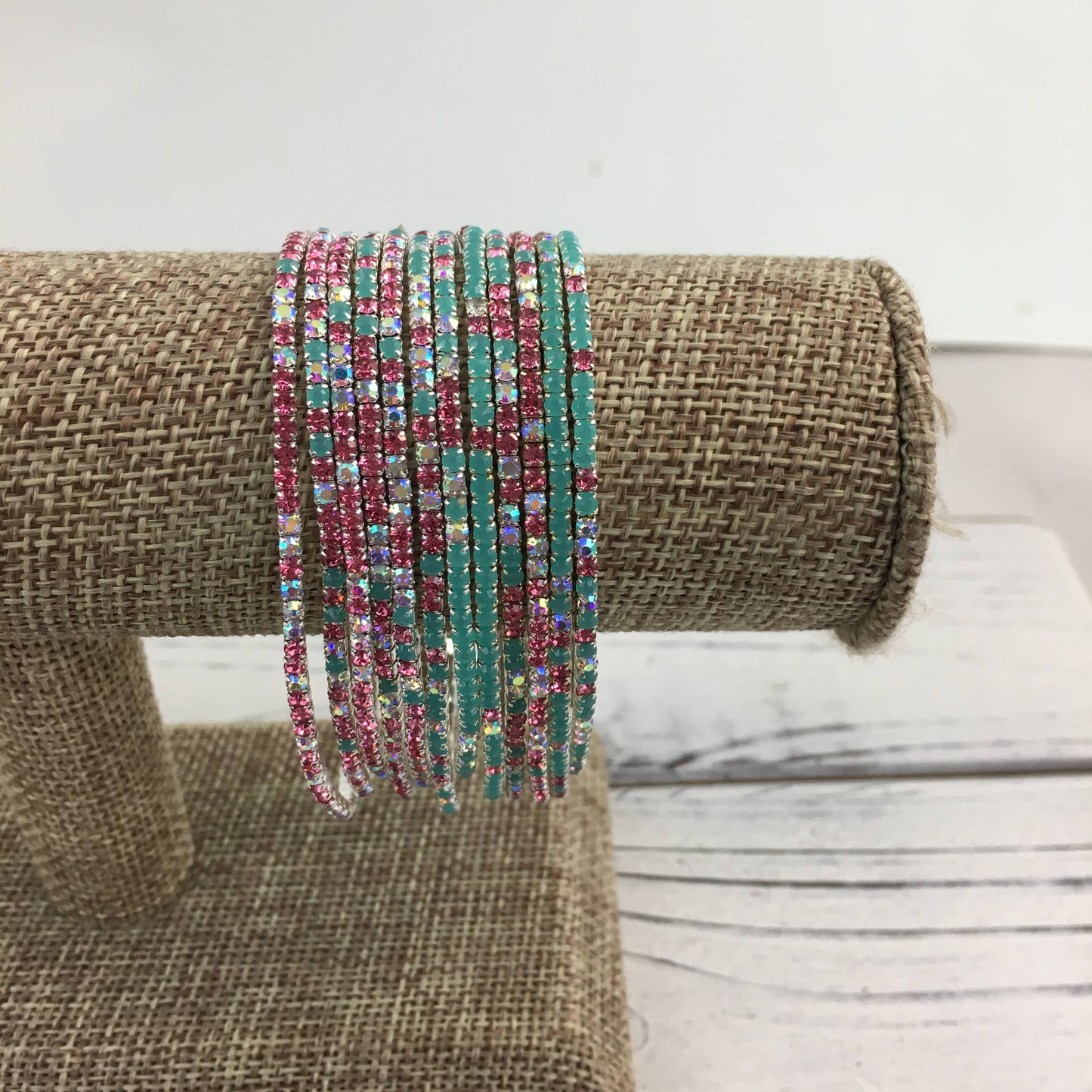Teal/pink/silver rhinestone bracelet set