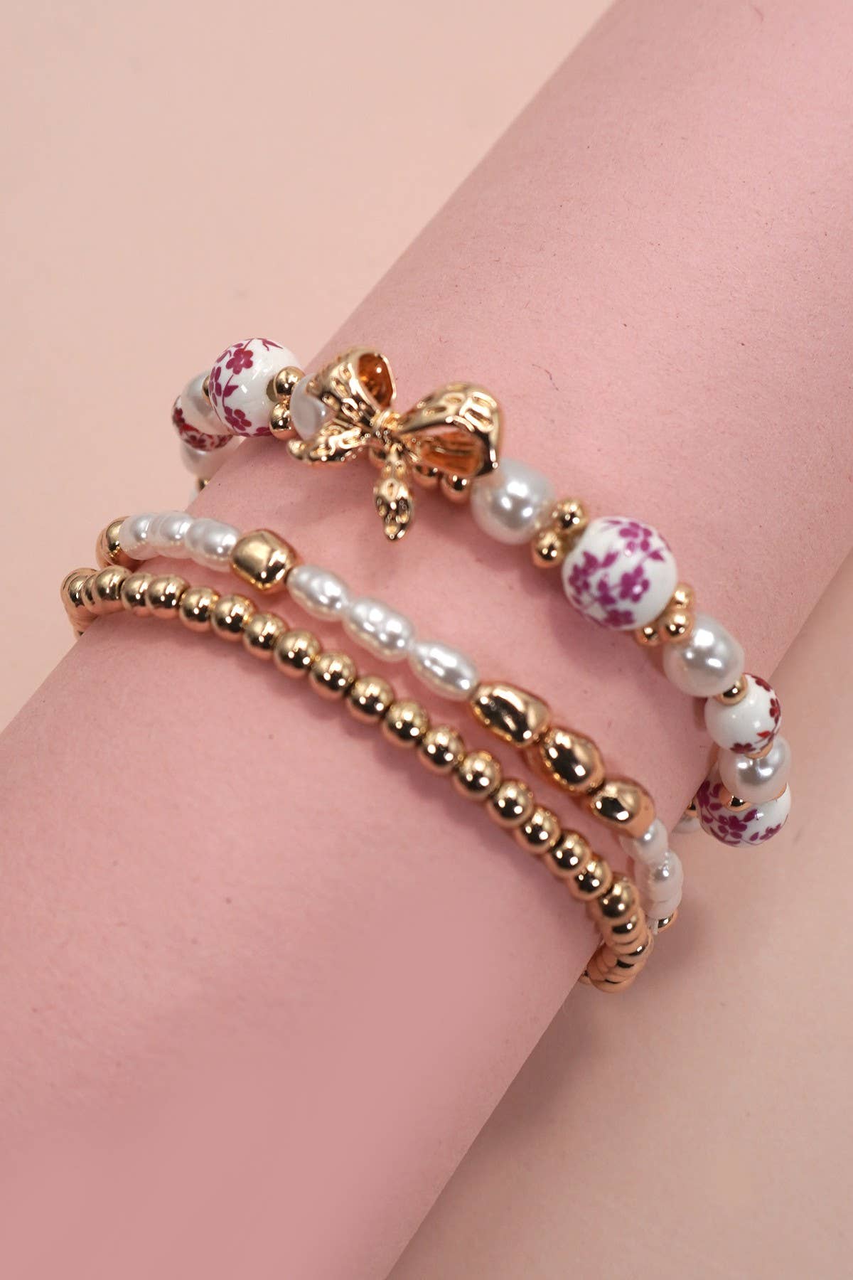 PINK CERAMIC PORCELAIN BOW MULTI LAYER BRACELET