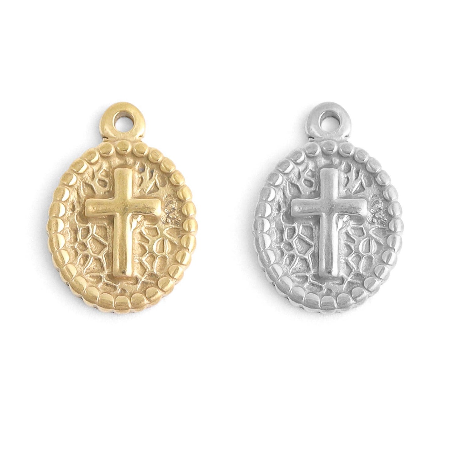 18K Gold PVD Stainless Steel Textured Medallion Cross Charm