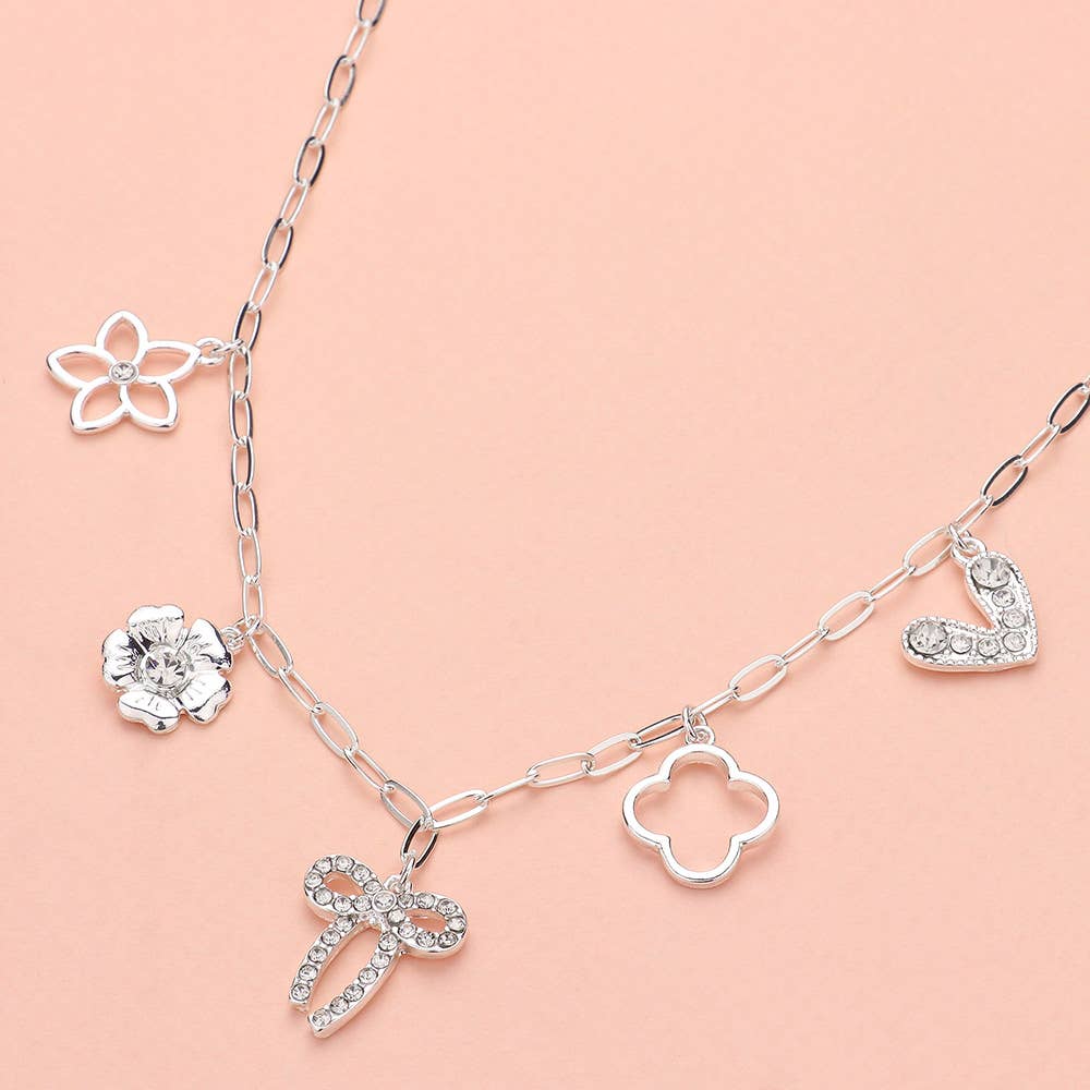 Flower Bow Quatrefoil Heart Charm Station Chain Necklace