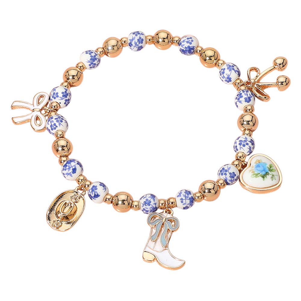 Enamel Bow Western Boot Charm Ceramic Ball Stretch Bracelet