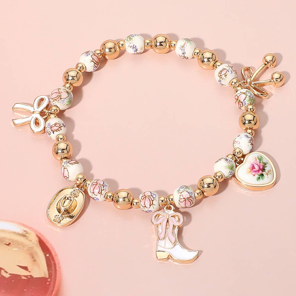 Enamel Bow Western Boot Charm Ceramic Ball Stretch Bracelet