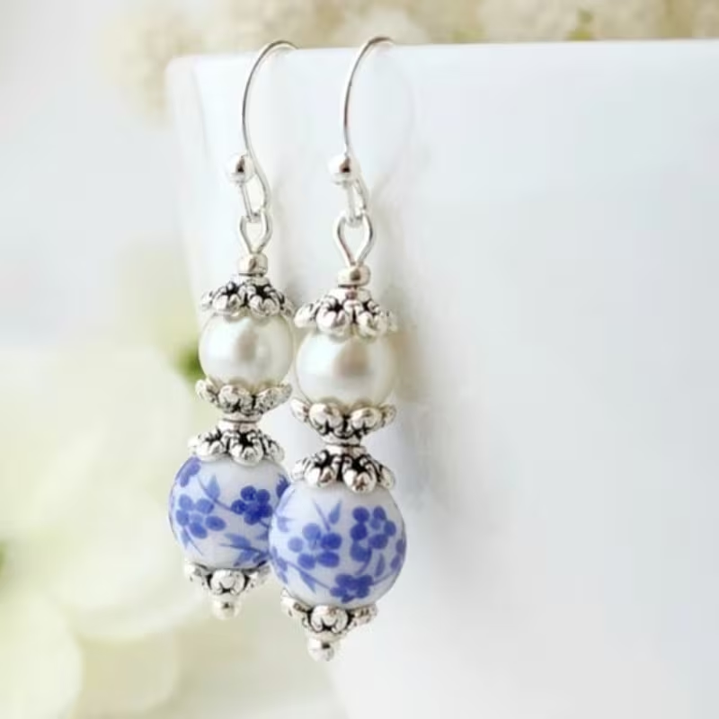 Vintage Blue Floral Bead Earrings with Pearl
