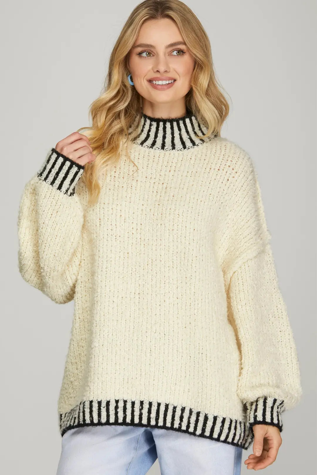 LONG SLEEVE MOCK NECK STITCHED CONTRAST SWEATER TOP