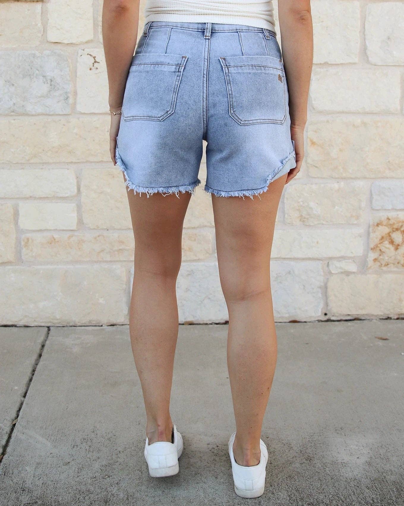 Drop Hem Denim Shorts in Light Mid-Wash