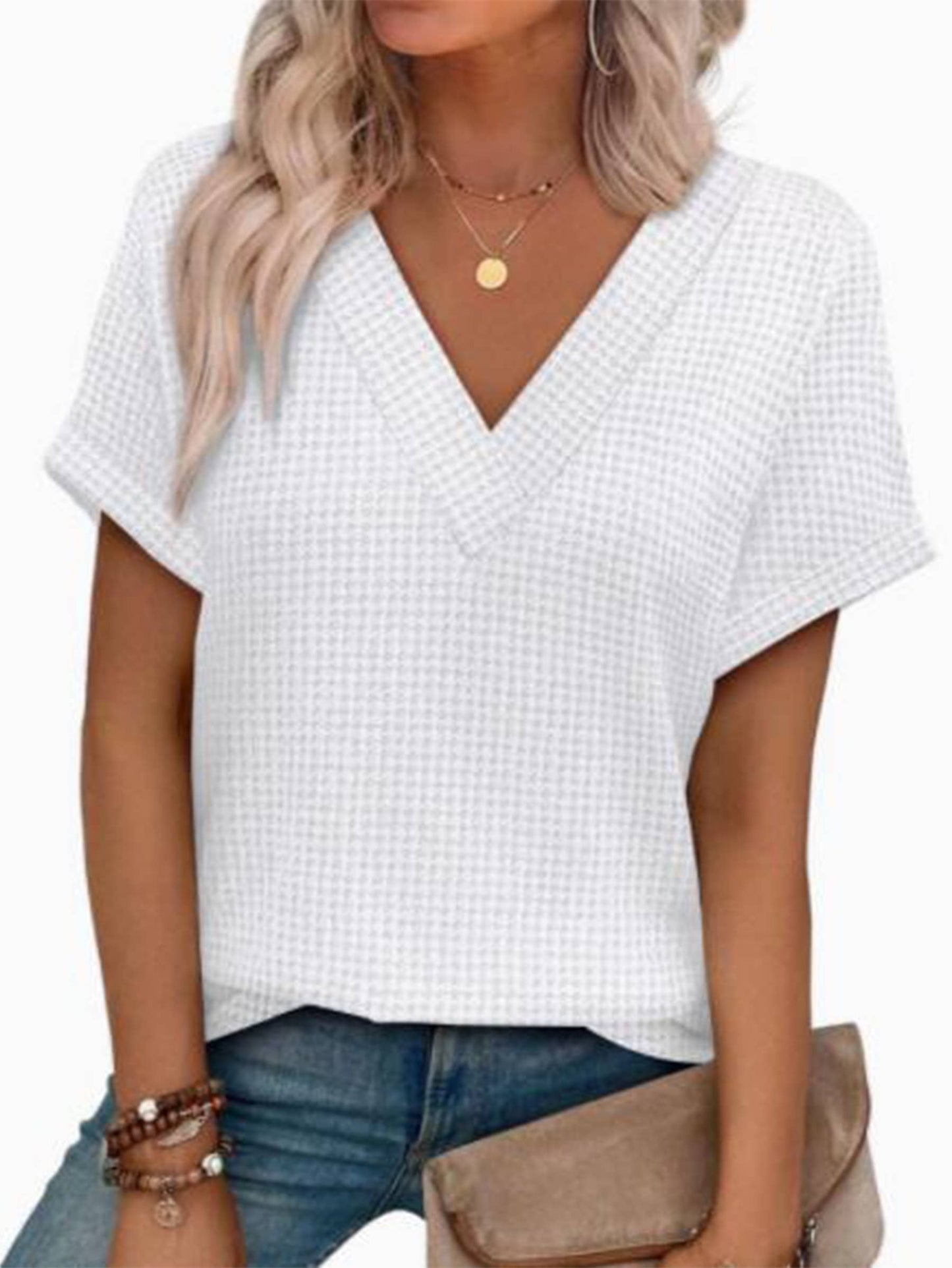 Women's Loose V-Neck Waffle Knit Short Sleeve T-Shirt