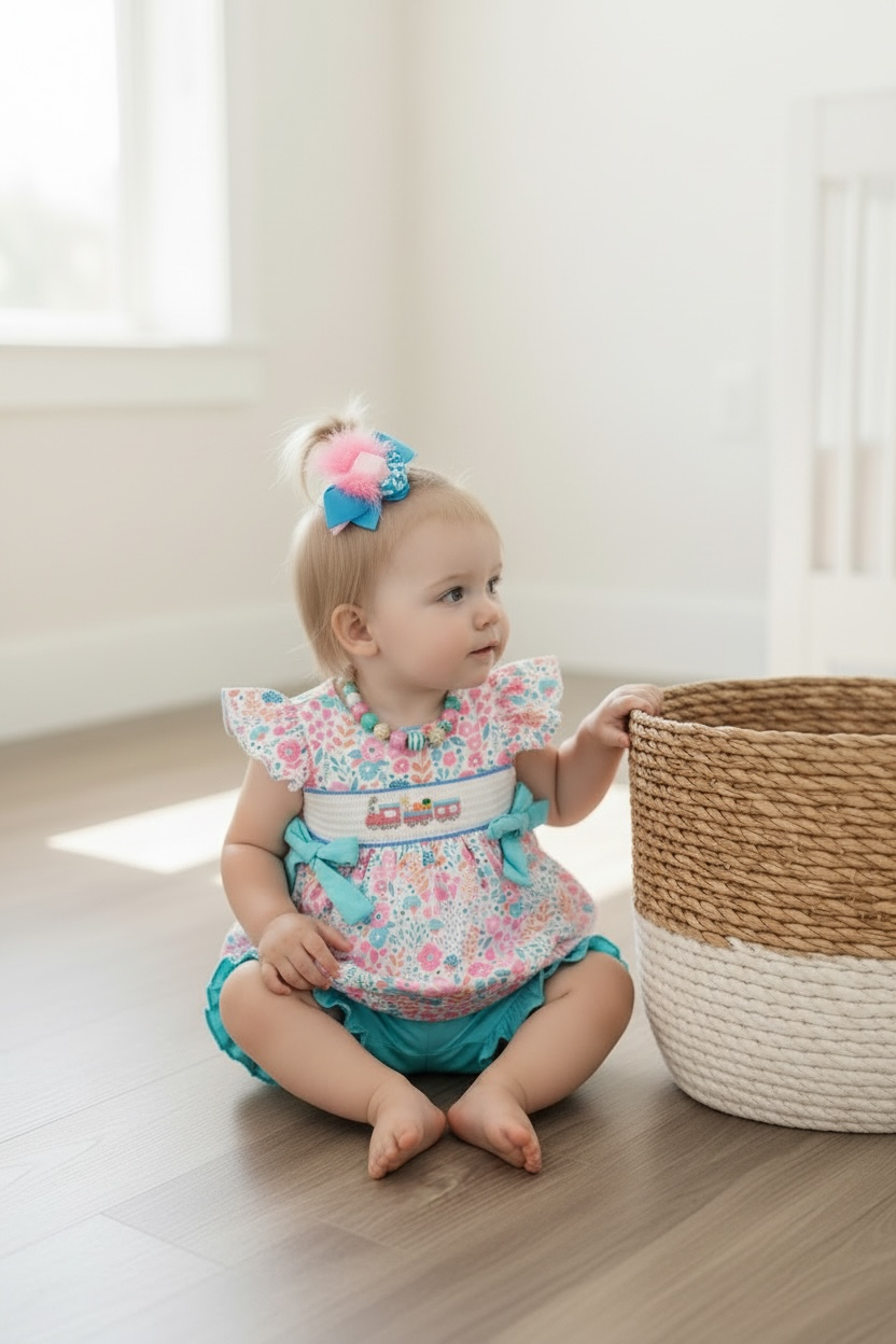 Pastel floral smocked girls set