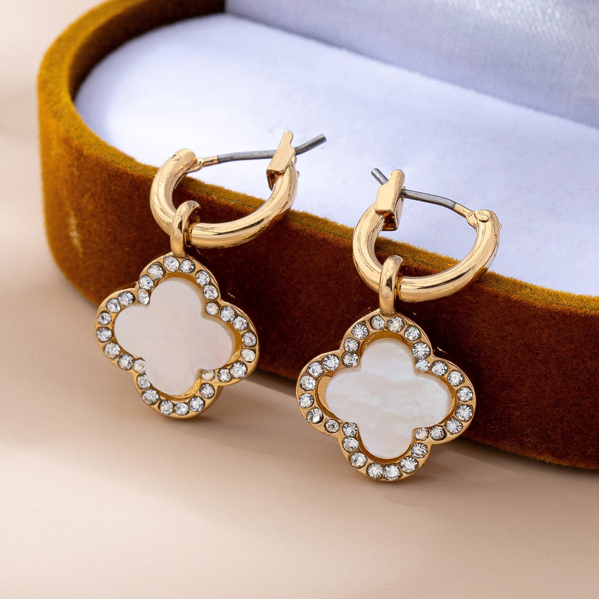 Mother of Pearl Rhinestone Clover Drop Hoop Earrings | 80E61604