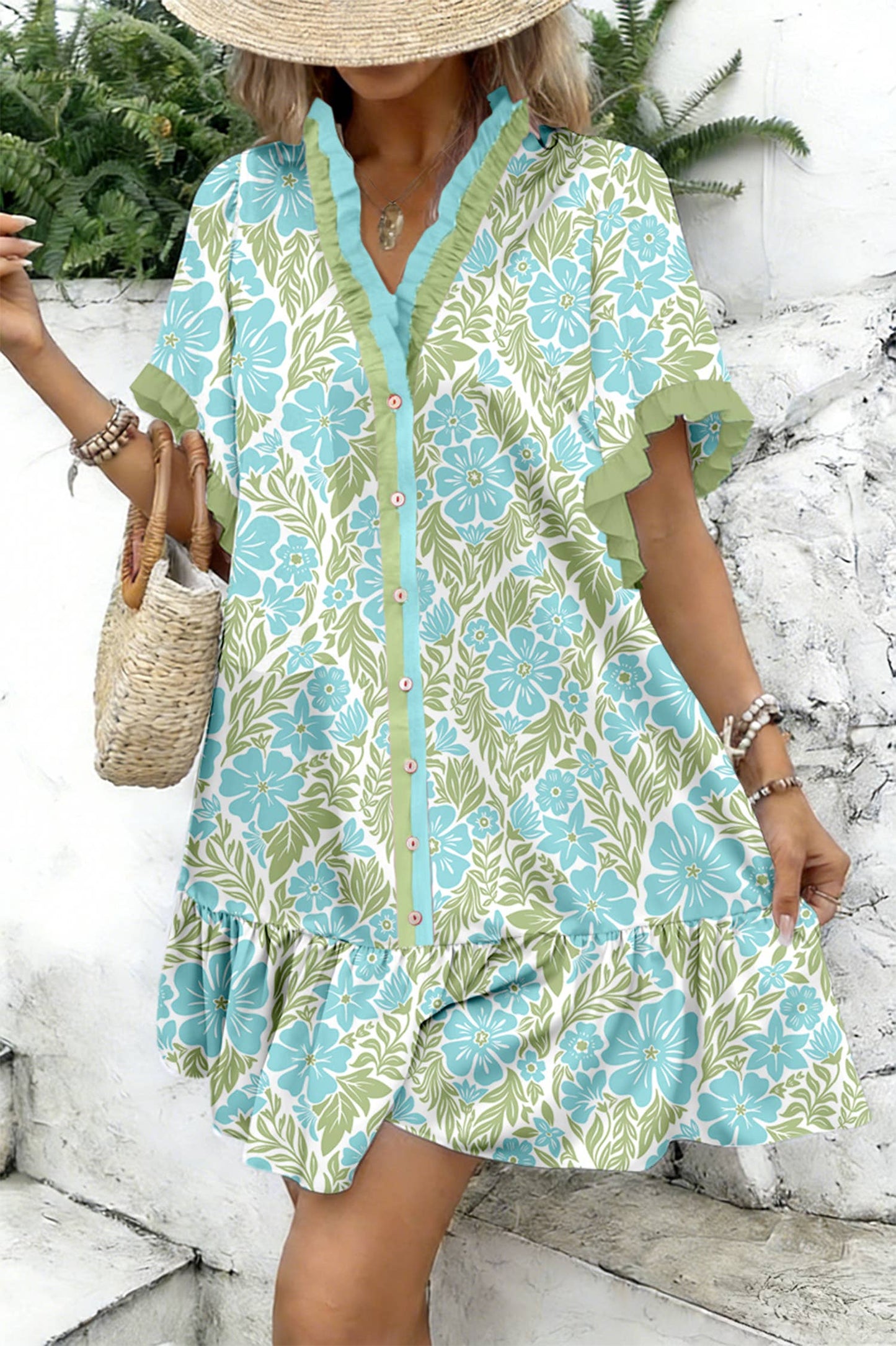 Floral Print Frilled Trim V Neck Button Front Boho Dress
