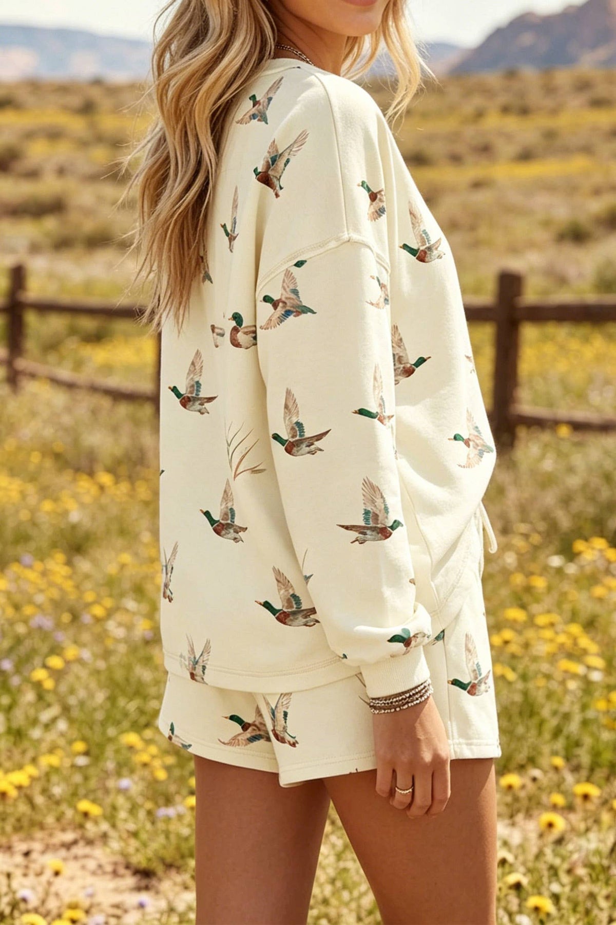 Mallard Duck Print Oversized Tee Drawstring Short Set