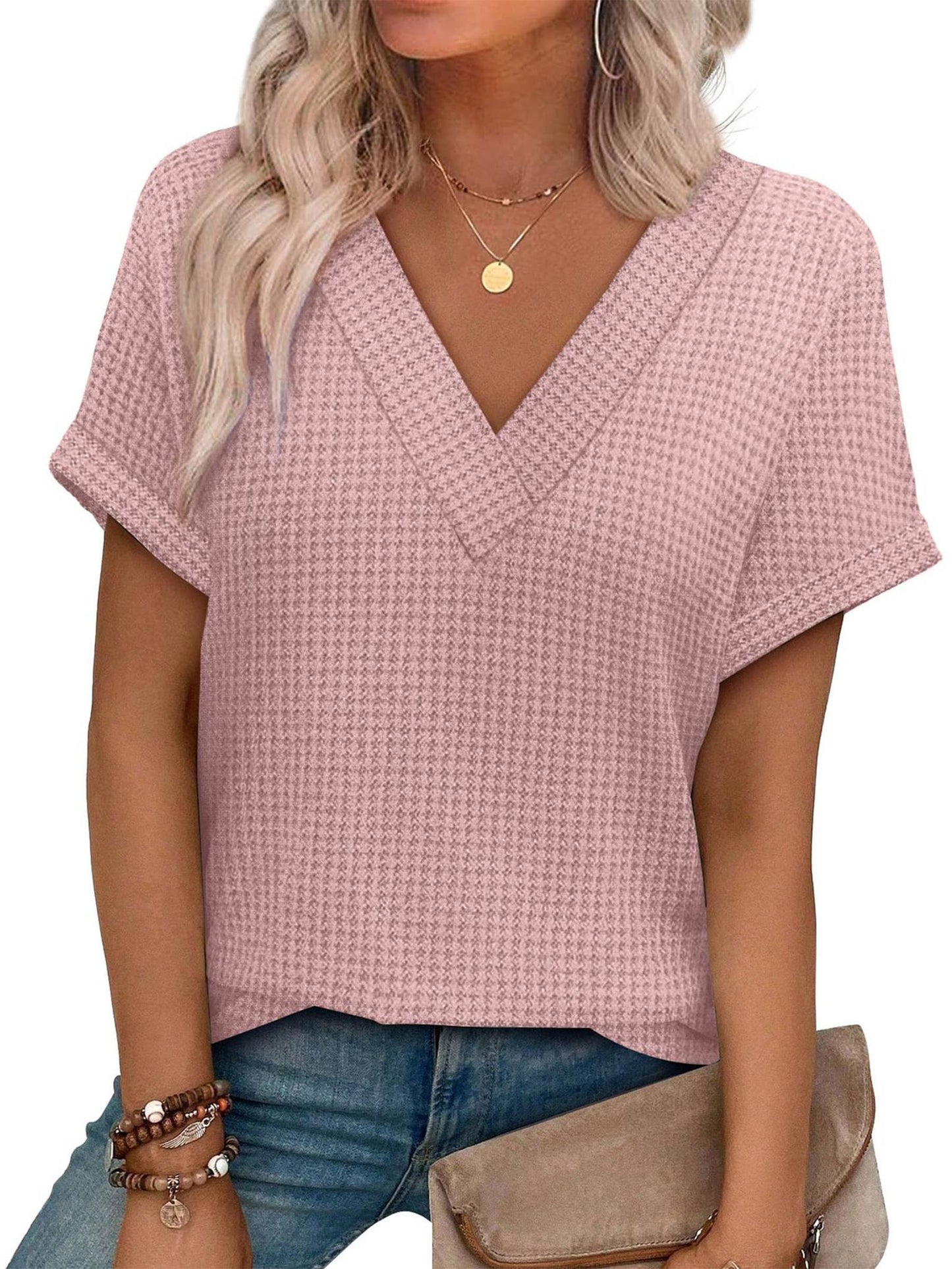 Women's Loose V-Neck Waffle Knit Short Sleeve T-Shirt