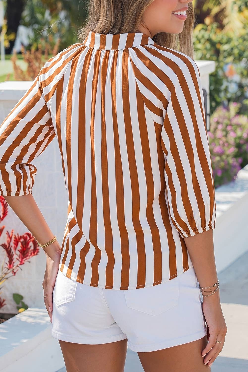 Striped V Neck Half Sleeve Casual Blouse