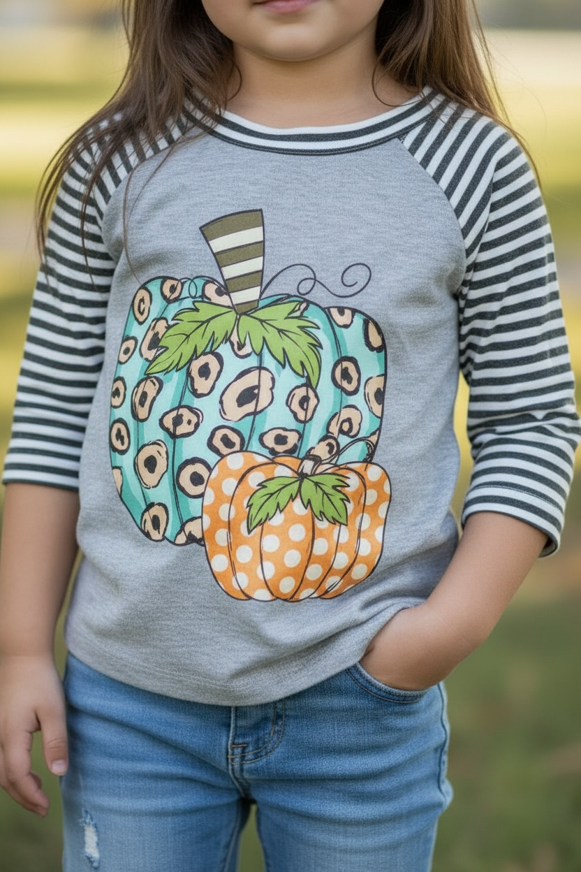 Gray pumpkin printed top with 3/4 sleeves