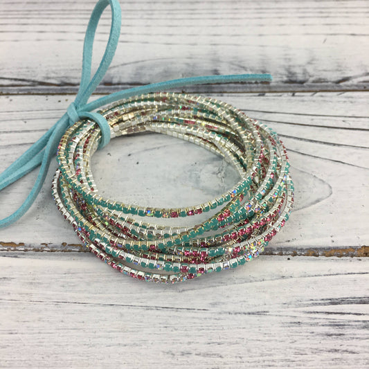 Teal/pink/silver rhinestone bracelet set 