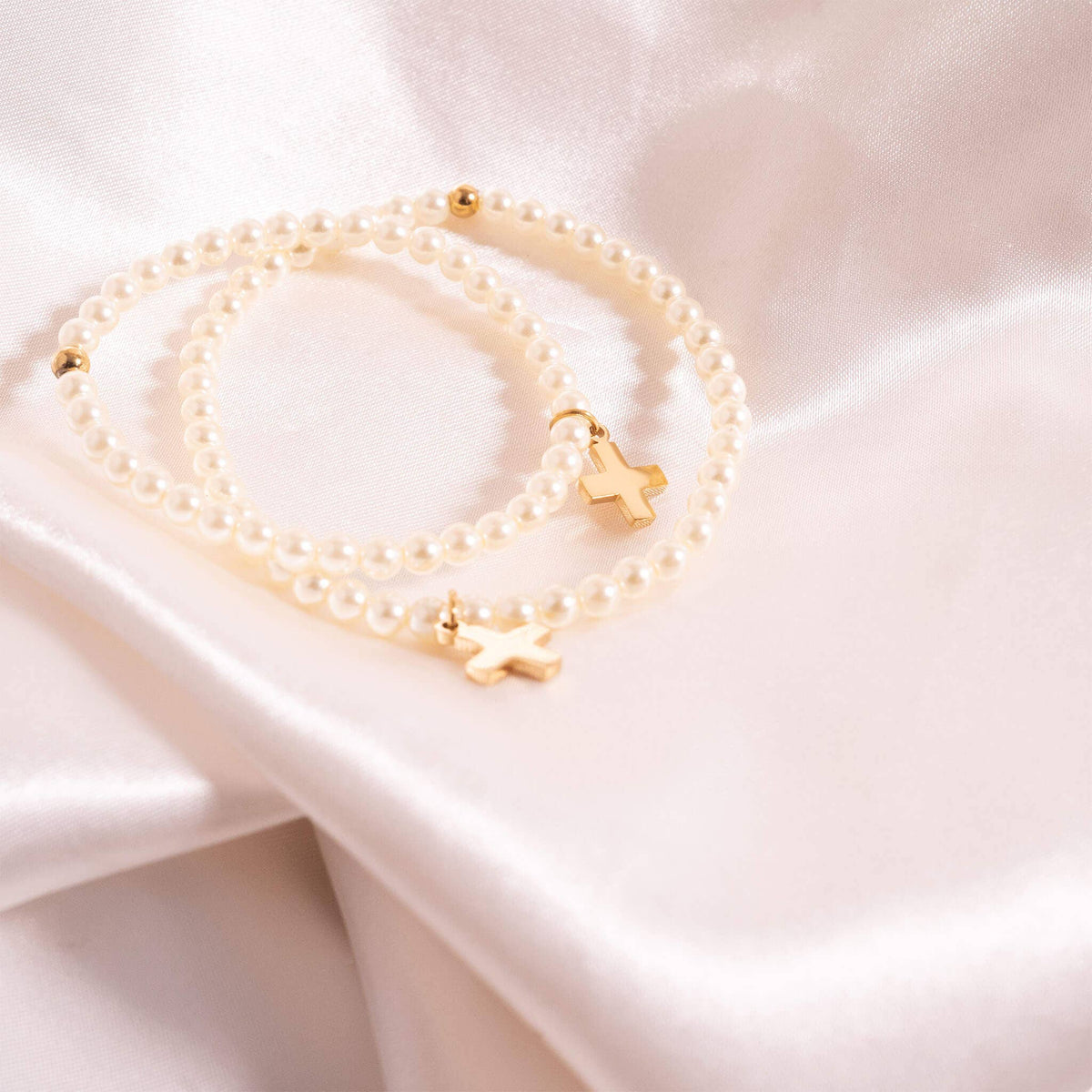 Children's 18k Gold PVD Stainless Steel Pearl Cross Bracelet
