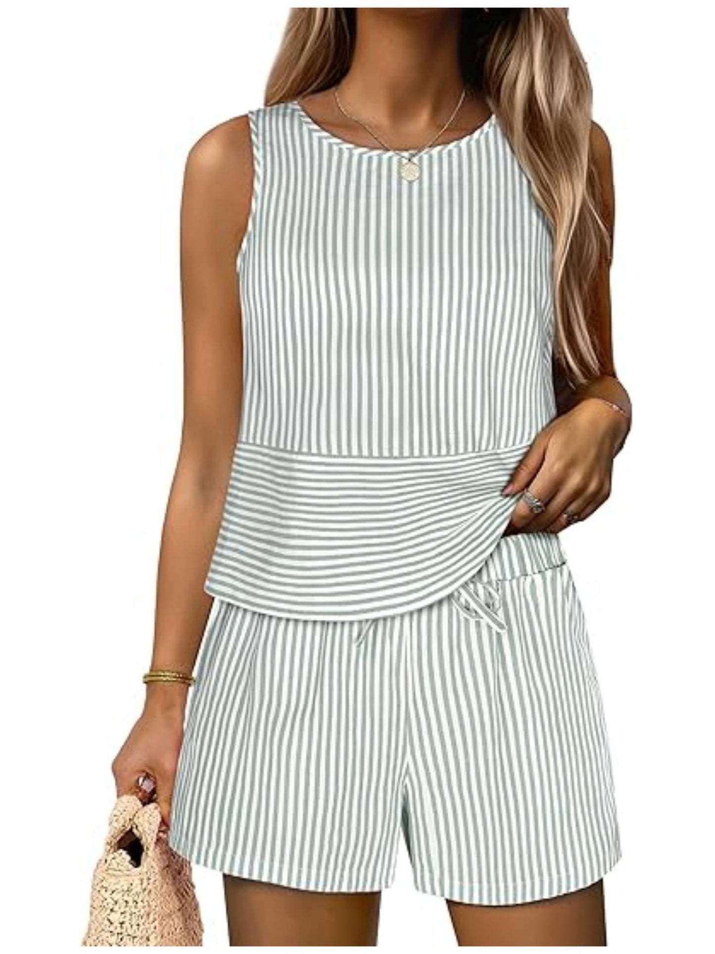 Vertical Stripe Waist Cinch Sleeveless Set
