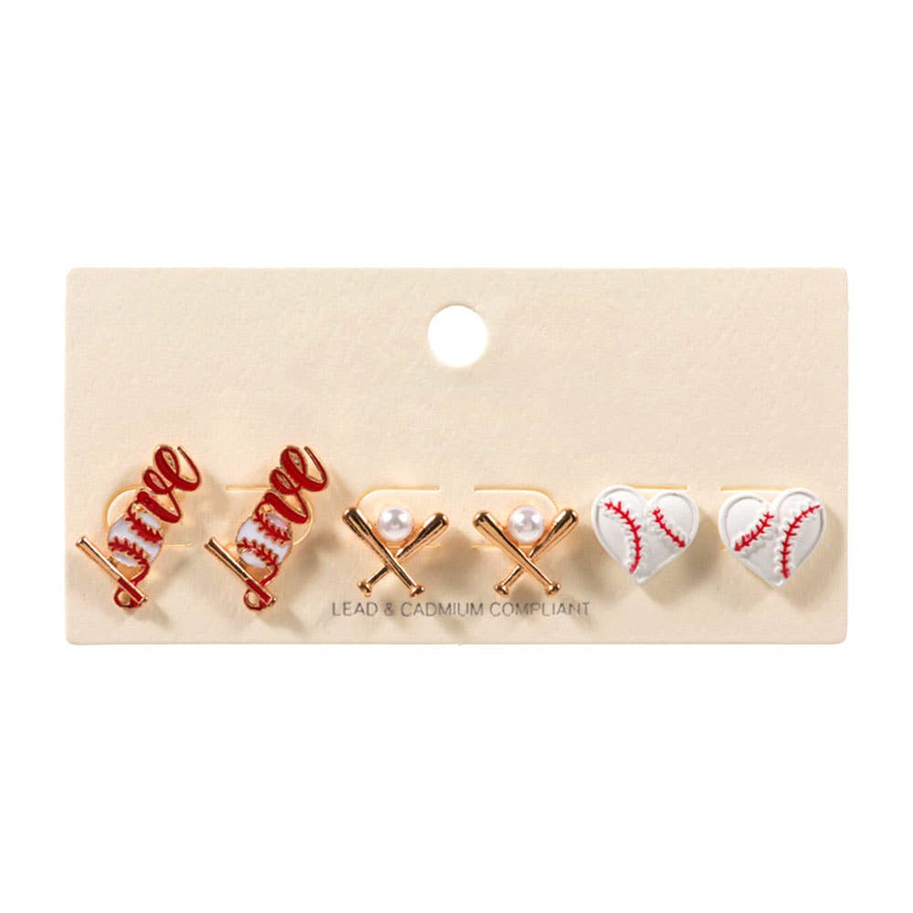 3Pairs Baseball Softball Themed Stud Earring Set