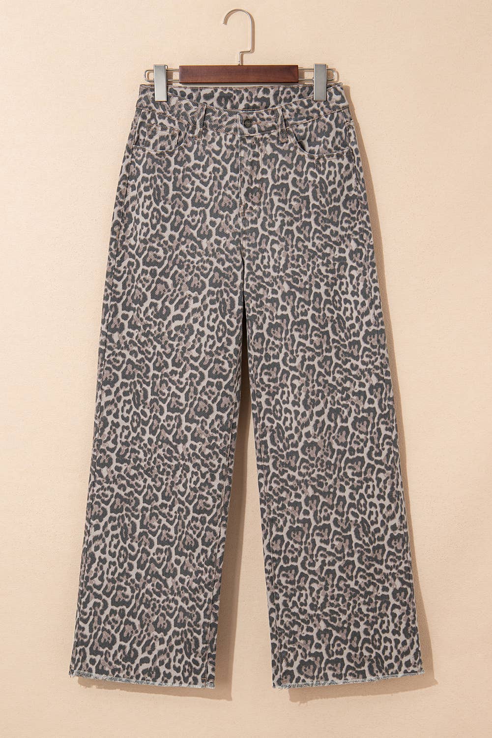 Western Leopard Frayed Edge Wide Leg High Waist Jeans