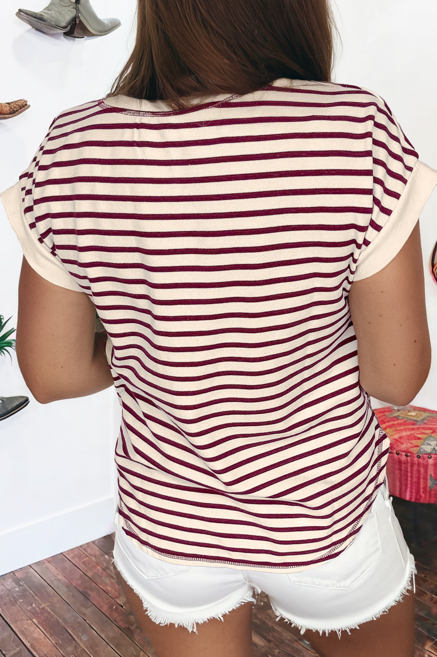 Summer Red&white Stripe Half Buttons Round Neck T Shirt