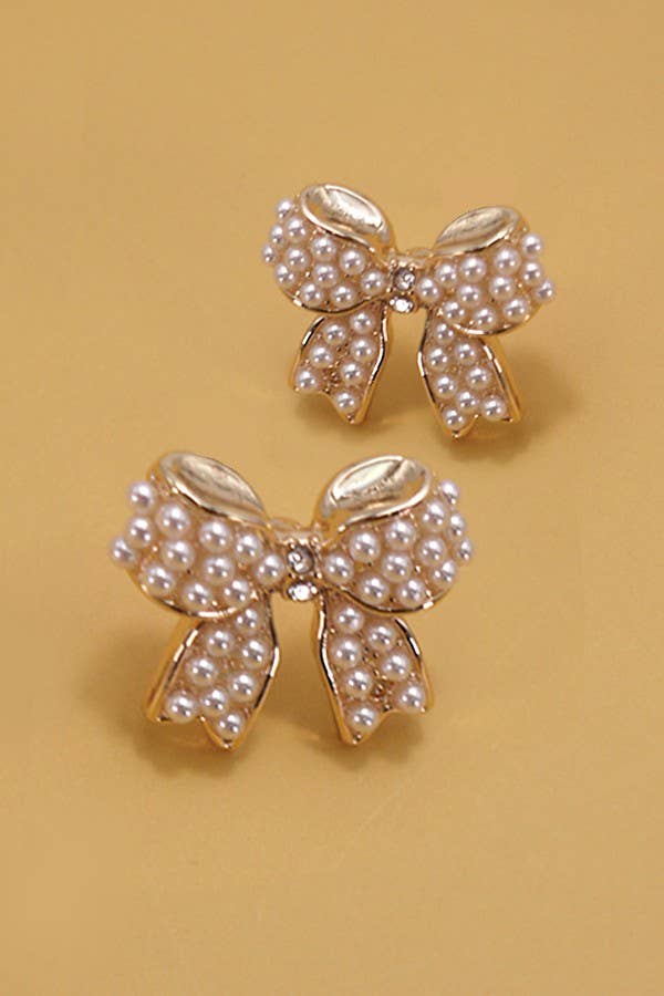 MINI PEARL BOW RIBBON GOLD EARRINGS