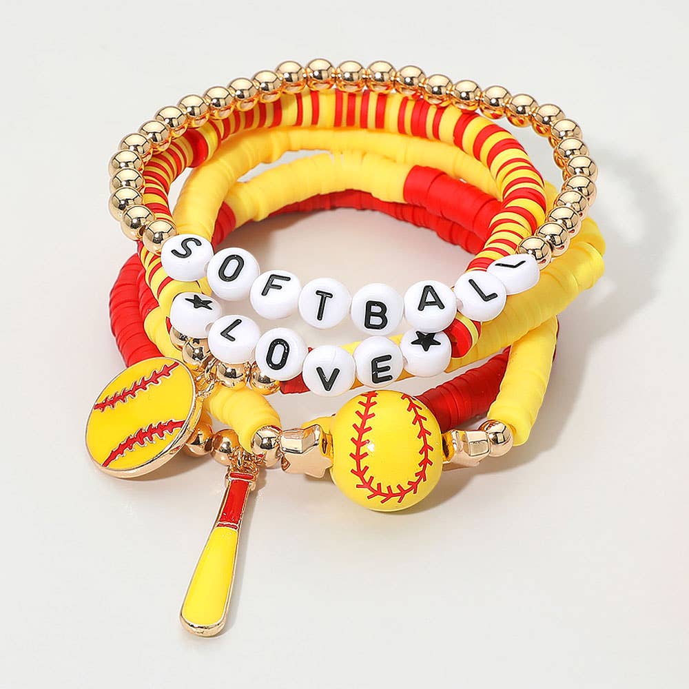 5PCS - SOFTBALL LOVE Letter Charm Beaded Stretch Multi Layered Bracelets