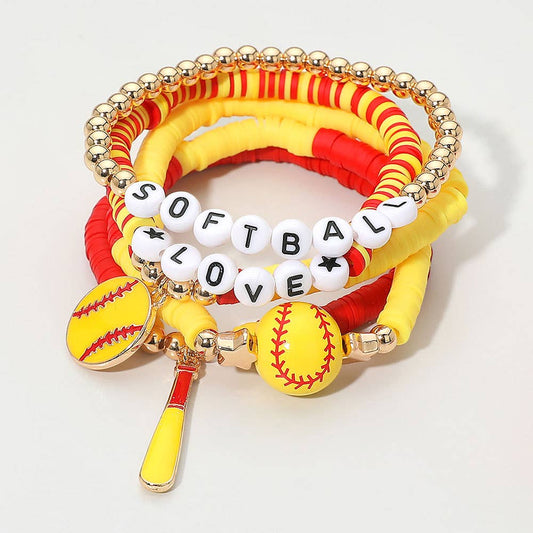 5PCS - SOFTBALL LOVE Letter Charm Beaded Stretch Multi Layered Bracelets