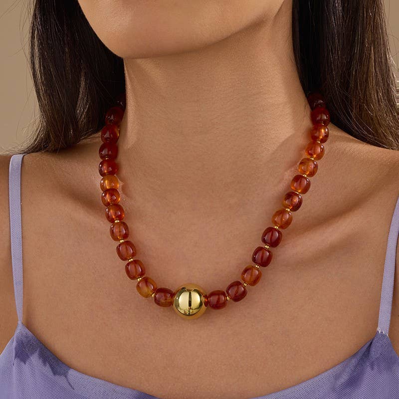Barrel Beaded & Gold Ball Centerpiece Necklace