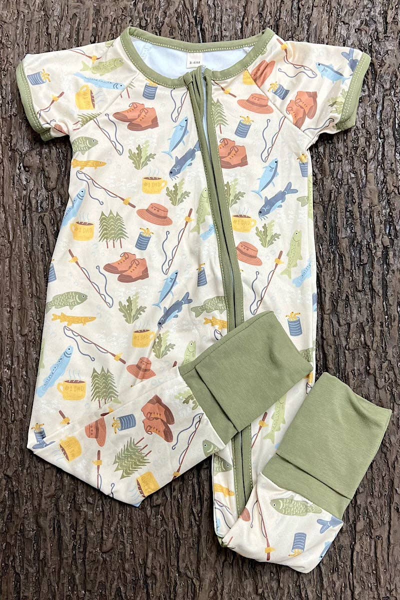Gone fishing-Short sleeve baby romper with fold over footie