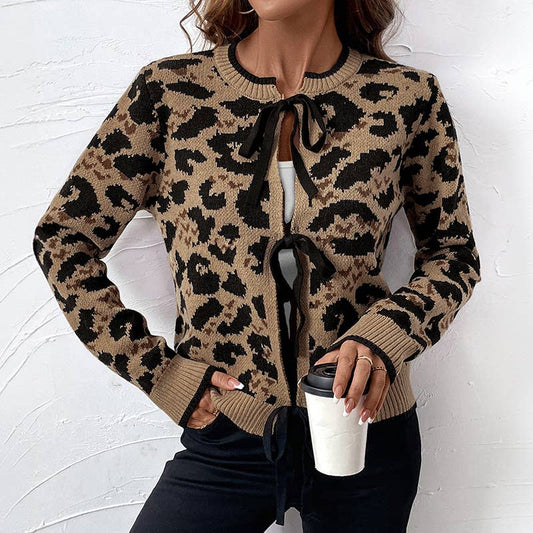 Women's leopard print bow autumn and winter knitted sweater