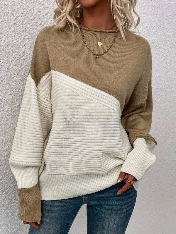 Casual Loose Knit Sweater Colorblock Long Sleeve Round Neck