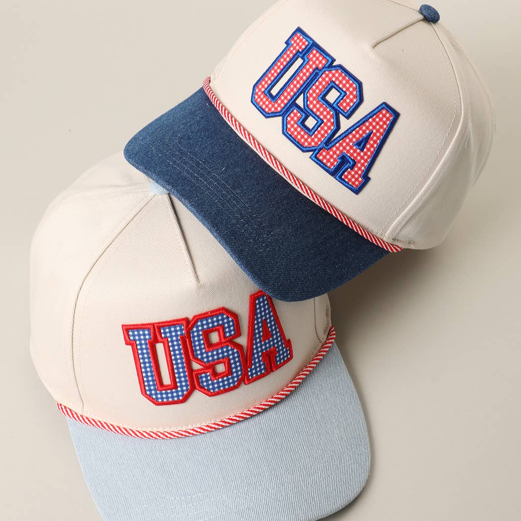 USA Gingham Letter Patch Star Brim Denim Trucker Hat
