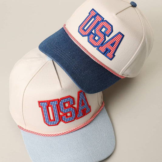 USA Gingham Letter Patch Star Brim Denim Trucker Hat