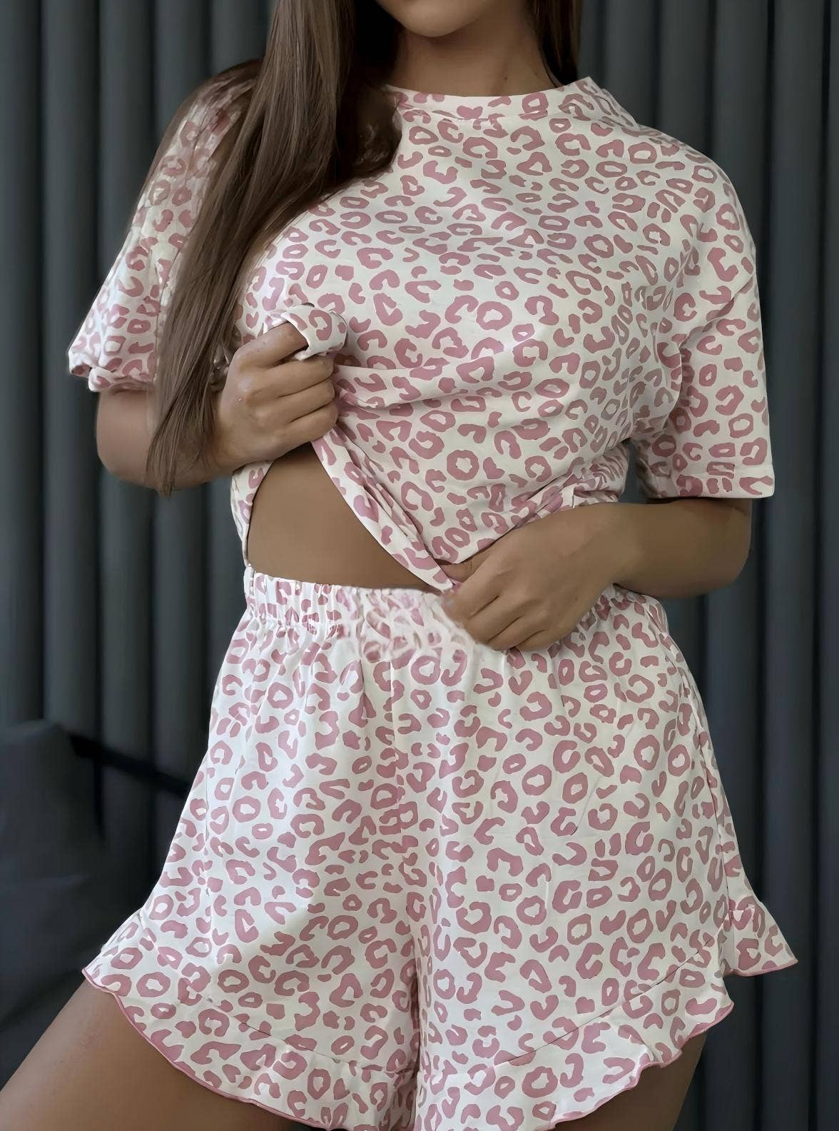 Leopard Print Pajama Set Ruffle Trim Shorts Loungewear